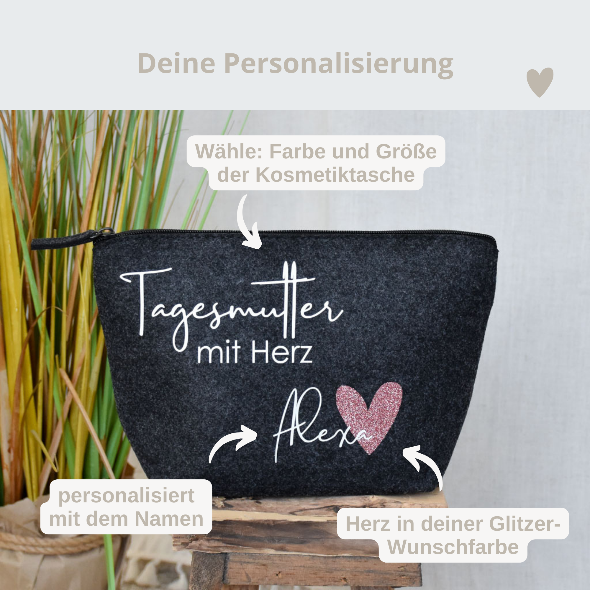 personalisierte Tasche aus Filz | Tagesmutter mit Herz und Namen | Glitzer