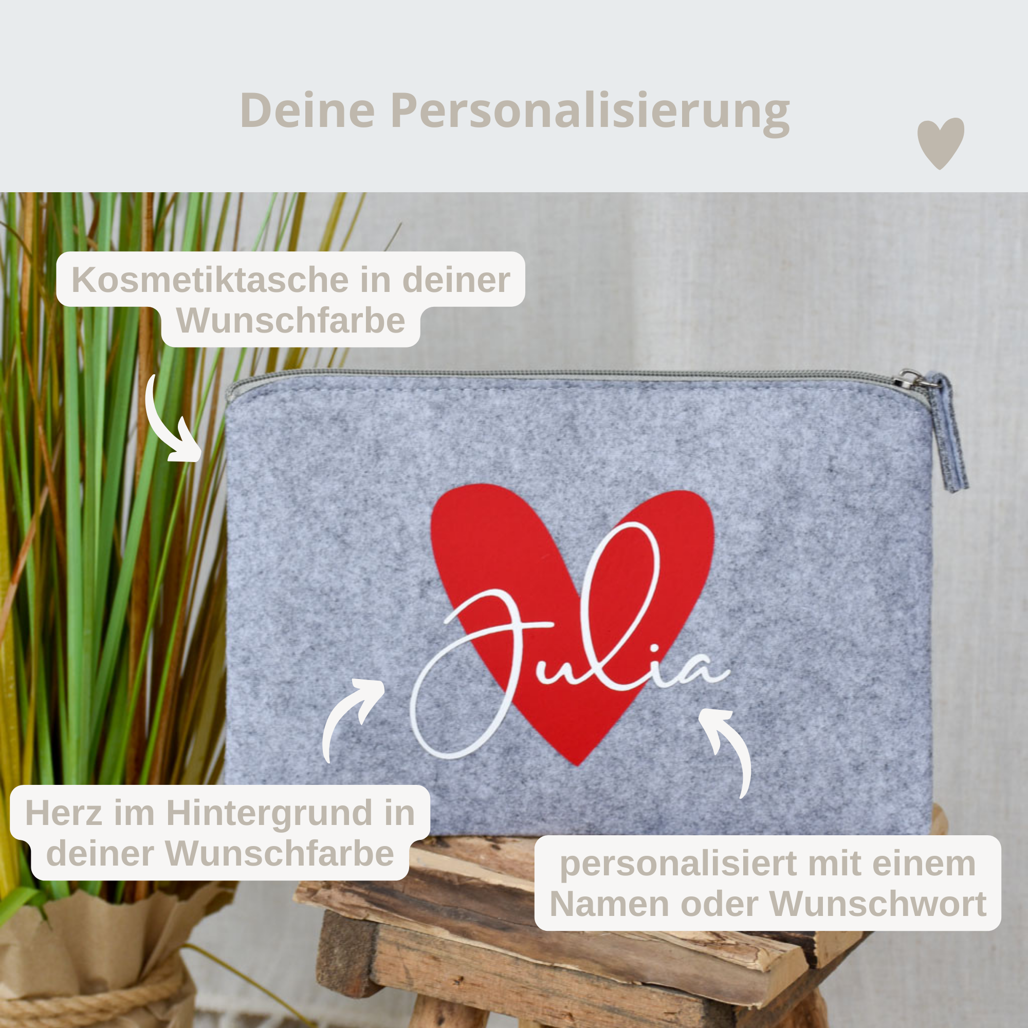 personalisierte Tasche aus Filz flach | Herz und Namen