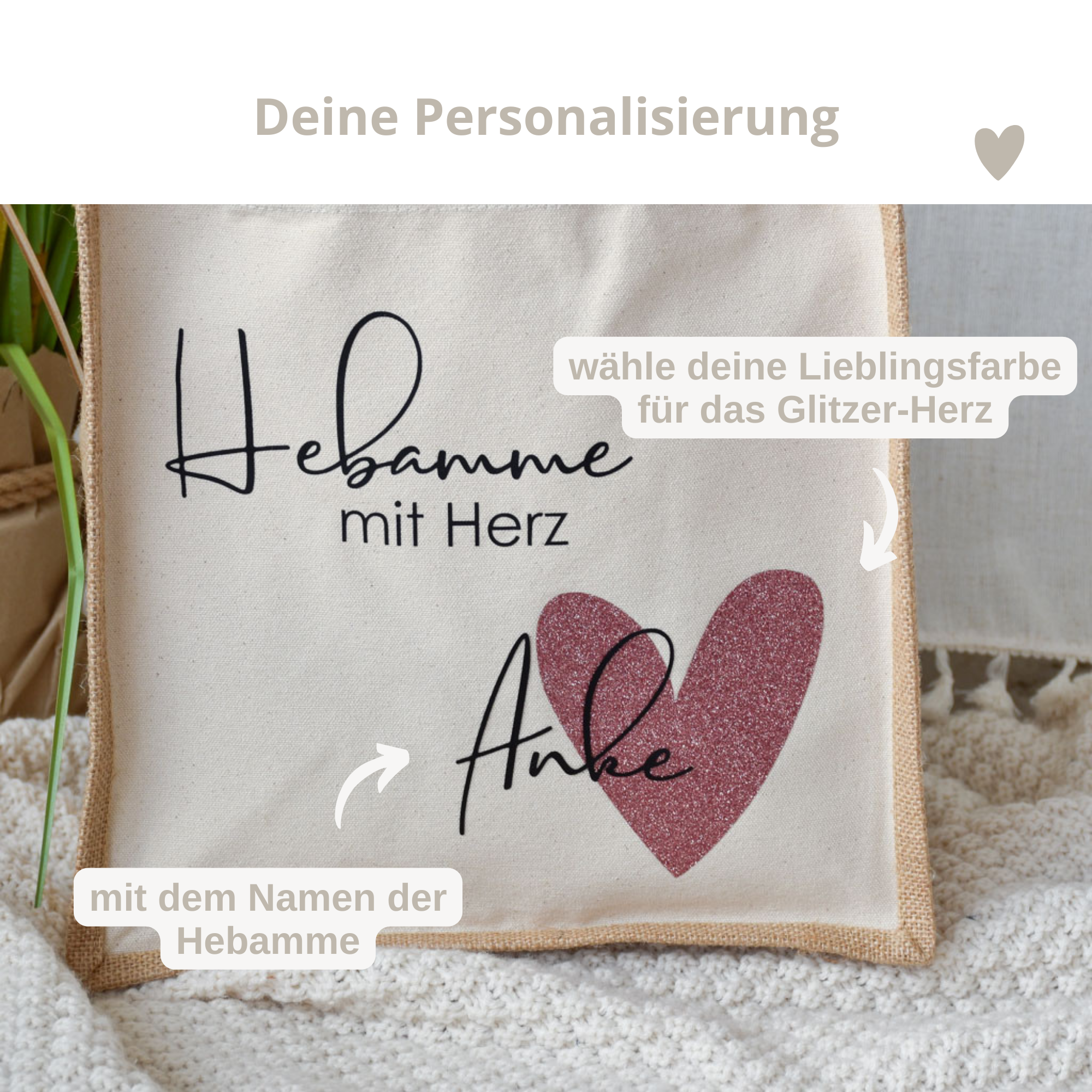 Juteshopper personalisiert "Hebamme mit Herz" mit Namen