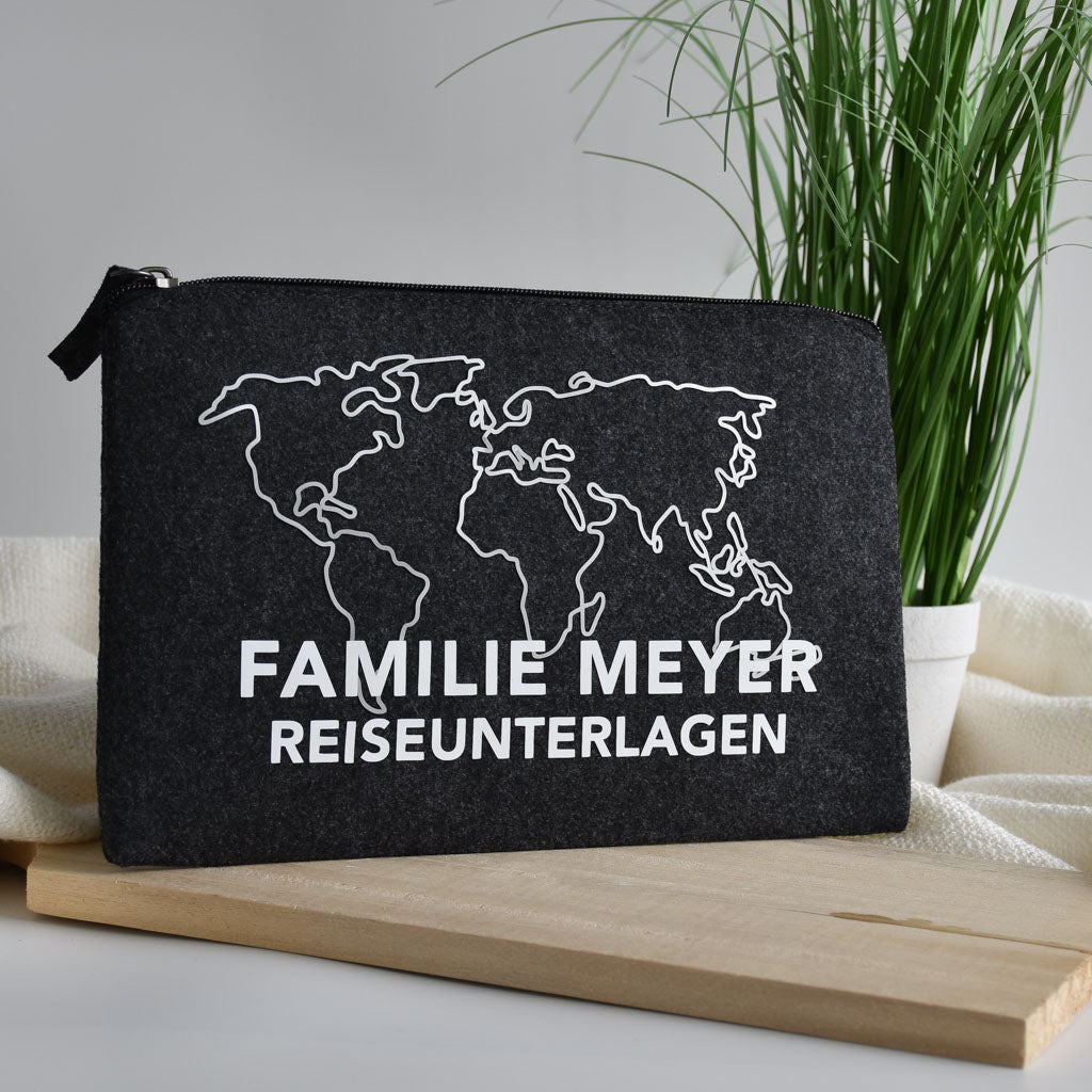 Tasche für Reiseunterlagen mit dem Familiennamen "Landkarte" | Dokumententasche aus Filz