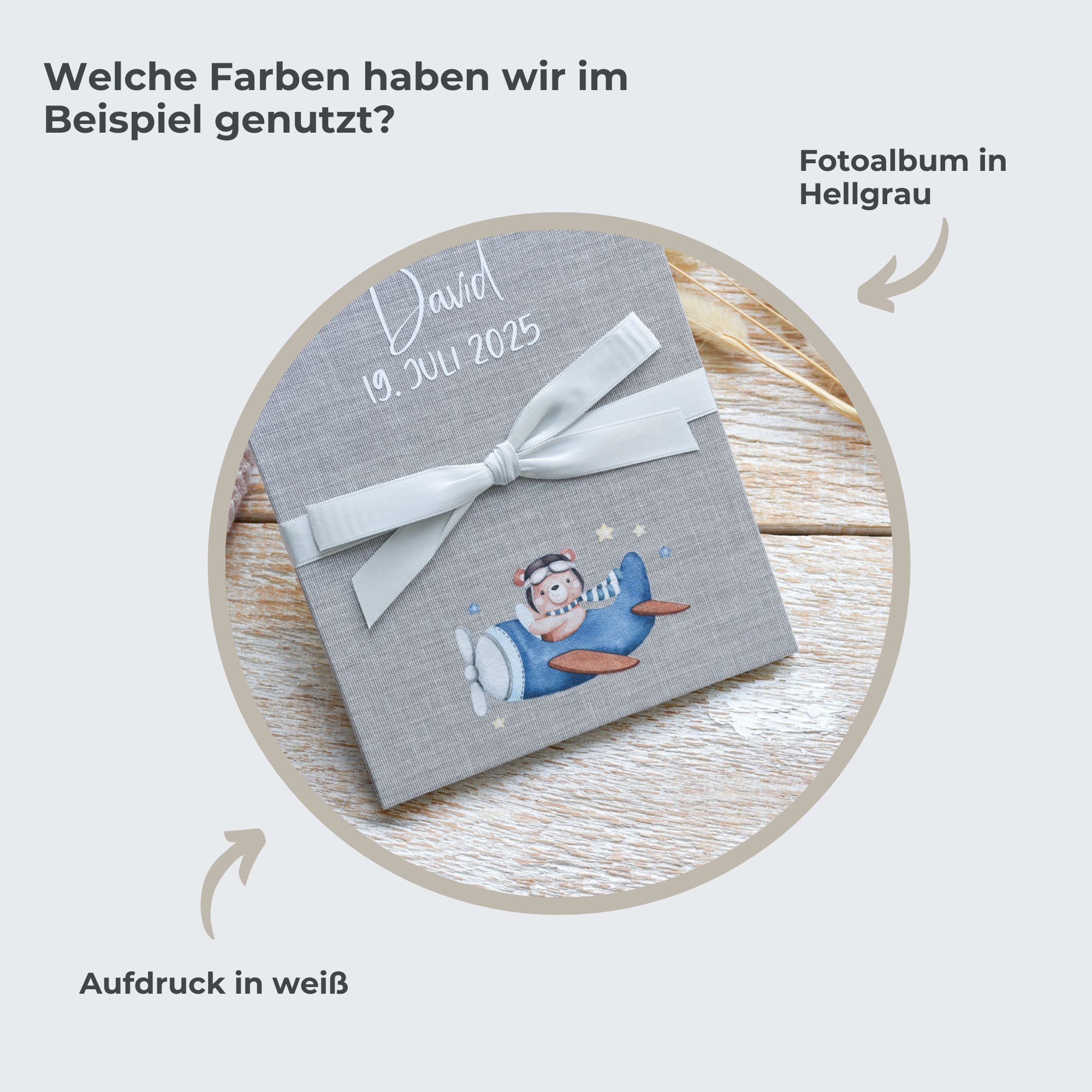 Personalisiertes Fotoalbum Baby - Fliegerbär | Leporello aus Leinen