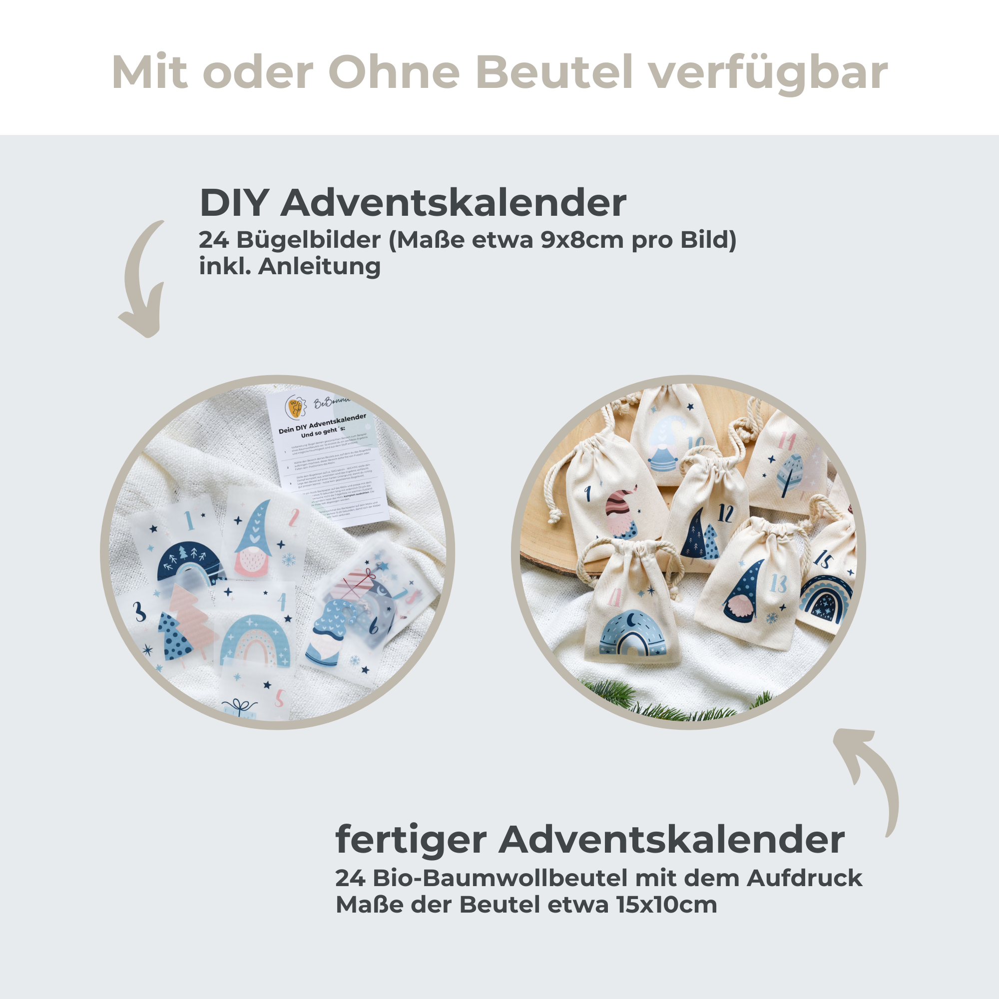 Adventskalender 24 Säckchen aus Bio-Baumwolle | Wichtel