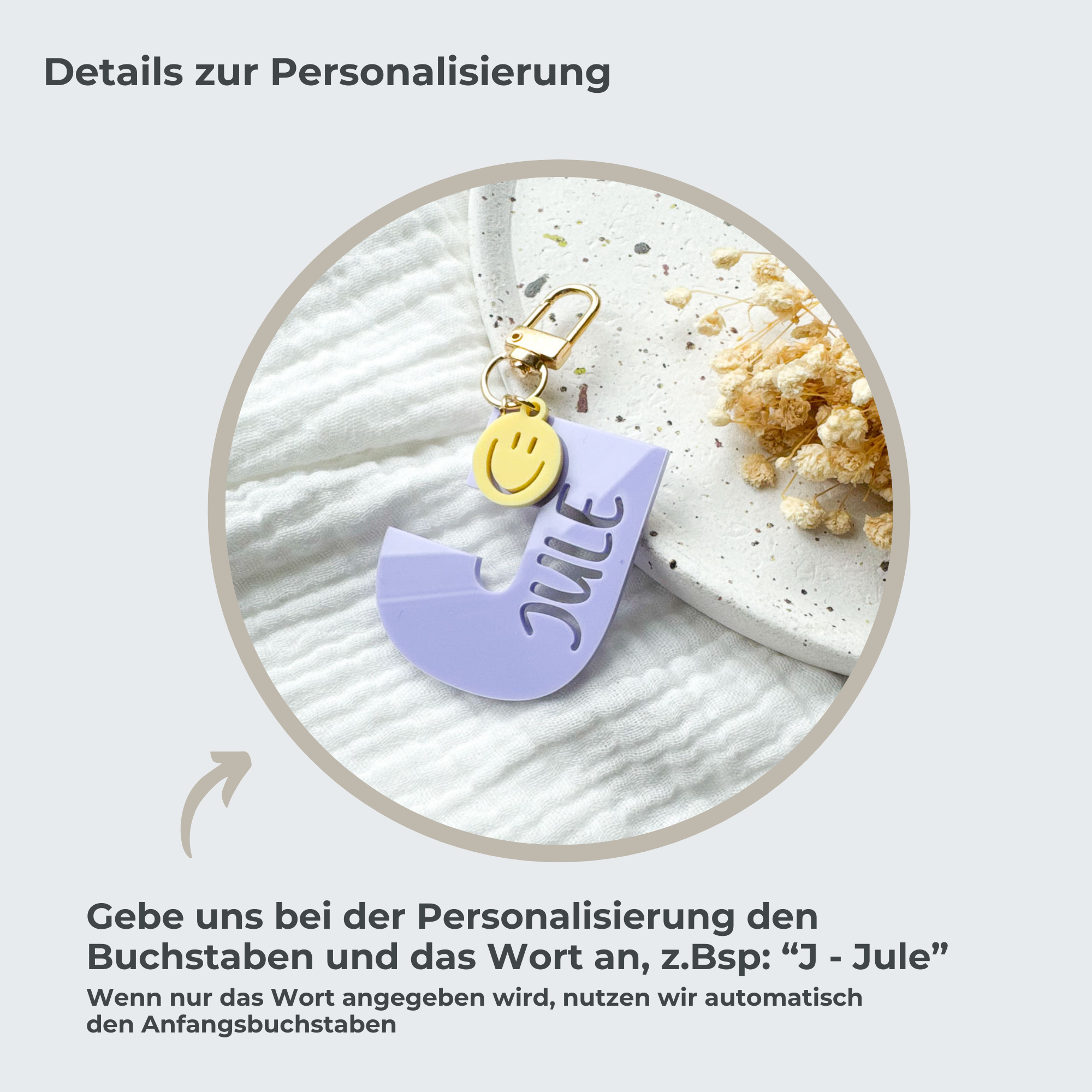 personalisierter Anhänger mit Namen & Smiley | Schlüsselanhänger aus Acryl