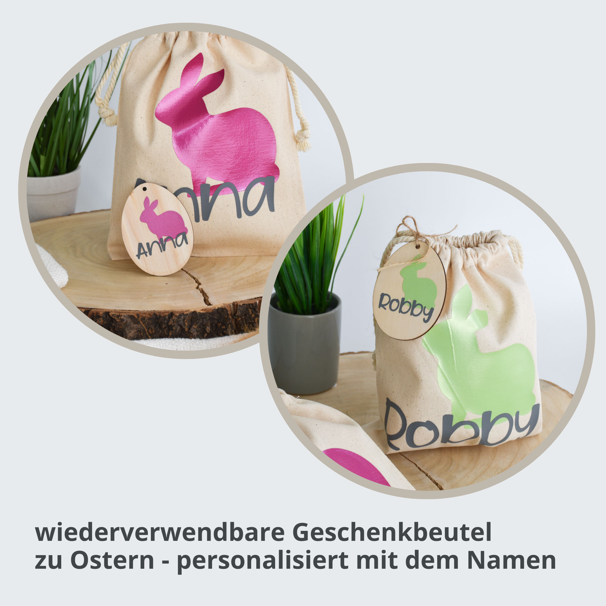 Personalisierte Osterbeutel mit Holzanhänger | kleiner Hase