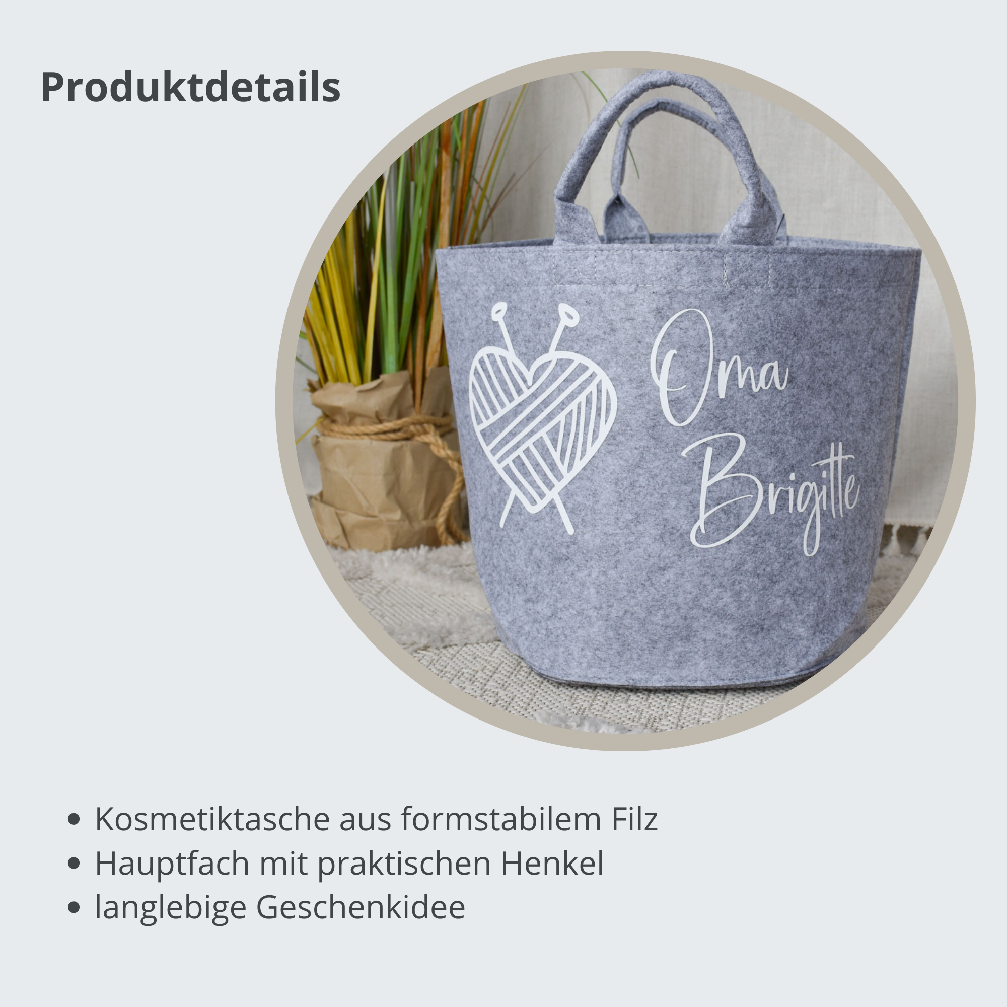 aufbewahrung aus filz Strickkorb mit Namen und Herz aus Filz