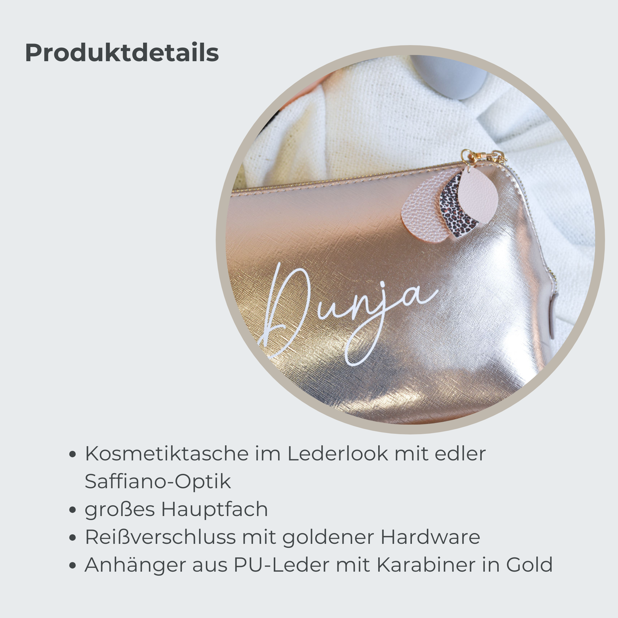 Kosmetiktasche im Leder-Look mit Anhänger | Roségold