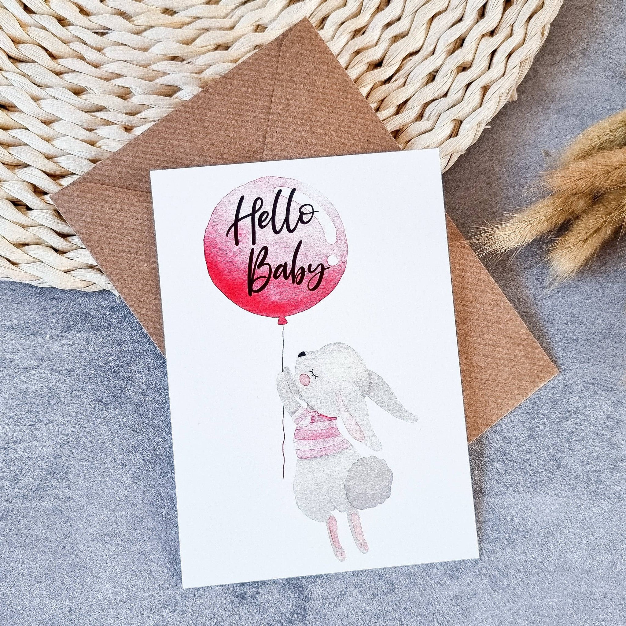 Baby Karte - Hase und Ballon in Pink - KleinKinderKram Baby Online Shop