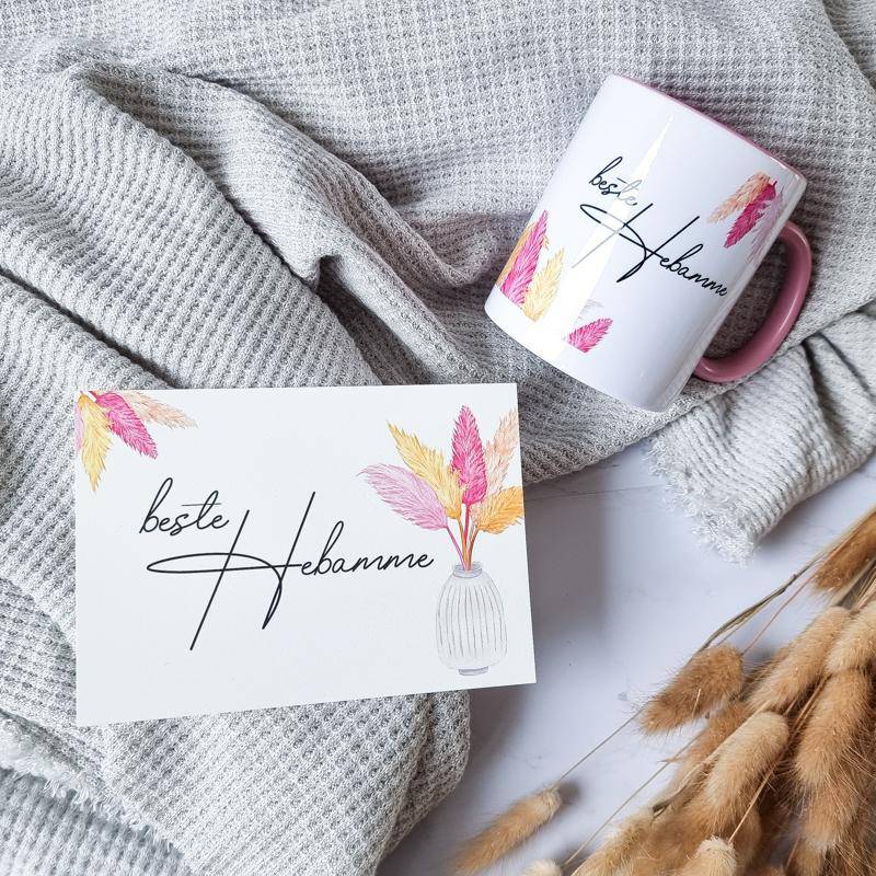 Geschenkset für die "beste Hebamme" | Keramik Tasse und Karte | Pampasgras - KleinKinderKram Baby Online Shop