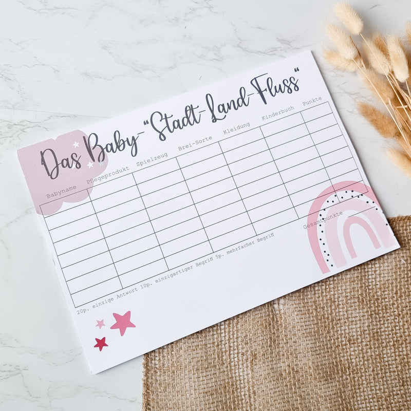 Babyparty Spiel - "Das Baby Stadt-Land-Fluss" Regenbogen Rosa – BeBonnie