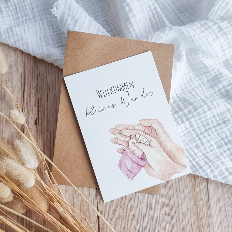 Baby Karte - "In deinen Händen" in Rosa - KleinKinderKram 