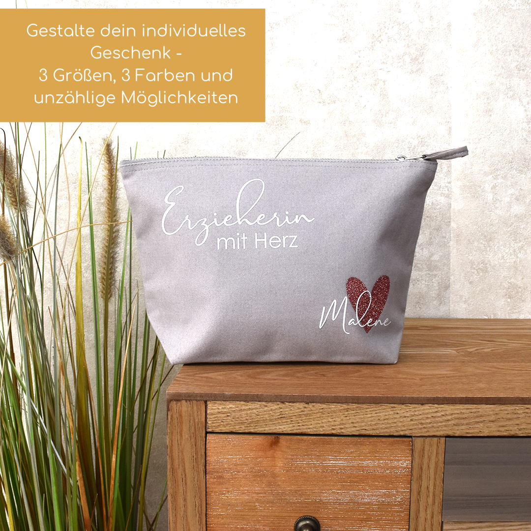 personalisierte Tasche aus Canvas-Baumwolle | Erzieherin mit Herz und Namen | Glitzer - KleinKinderKram 