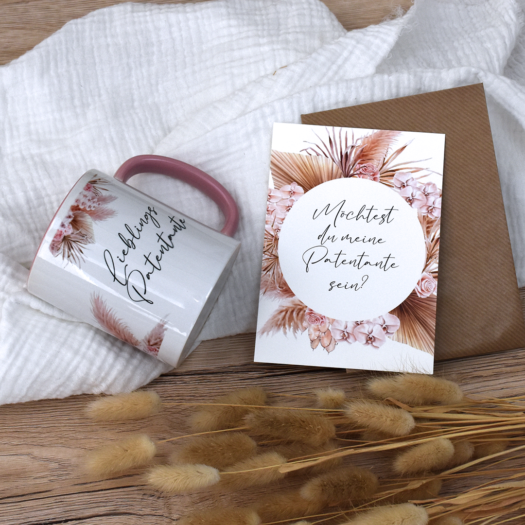 Geschenkset für die "Lieblings-Patentante" | Keramik Tasse und Karte | Pampasgras - KleinKinderKram 