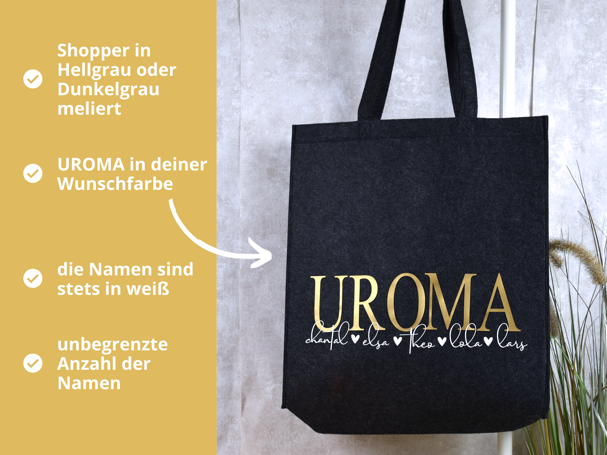 Hoher Maxi Filzshopper personalisiert | "Uroma" mit den Namen der Enkelkinder - BeBonnie
